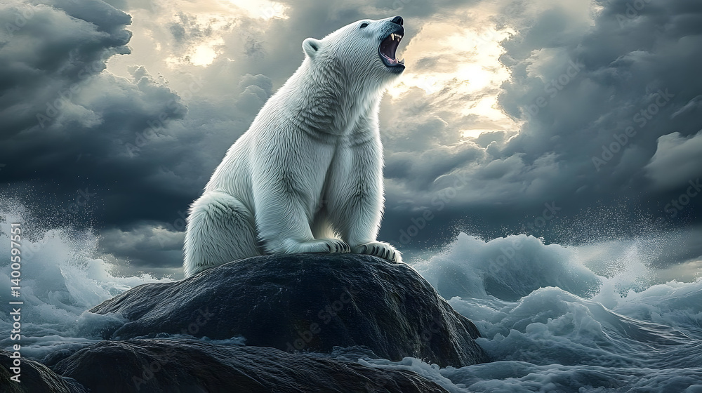 A regal polar bear perches on a rocky ledge amidst churning waves, fur billowing like snowflakes caught in a tempestuous sky; its open mouth echoes the ocean's roar.