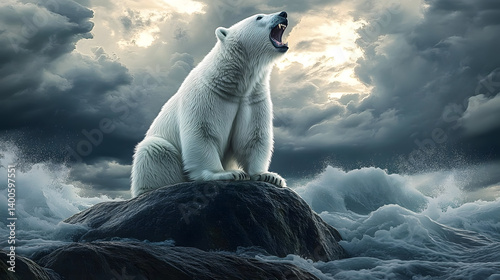 Obraz na płótnie A regal polar bear perches on a rocky ledge amidst churning waves, fur billowing like snowflakes caught in a tempestuous sky; its open mouth echoes the ocean's roar. w salonie