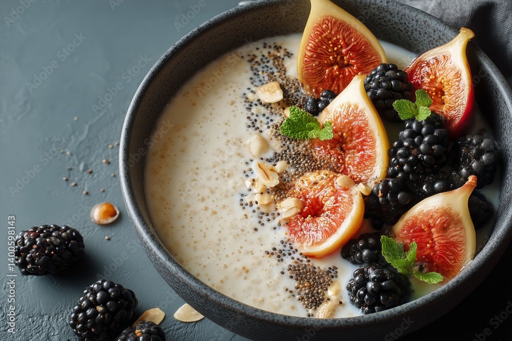Healthy Breakfast Bowl With Fresh Blackberries and Figs Garnished With Nuts and Mint