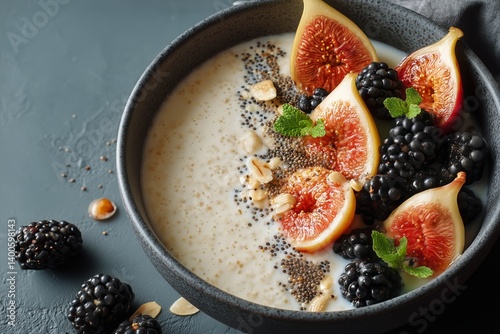 Obraz na płótnie Healthy Breakfast Bowl With Fresh Blackberries and Figs Garnished With Nuts and Mint w salonie