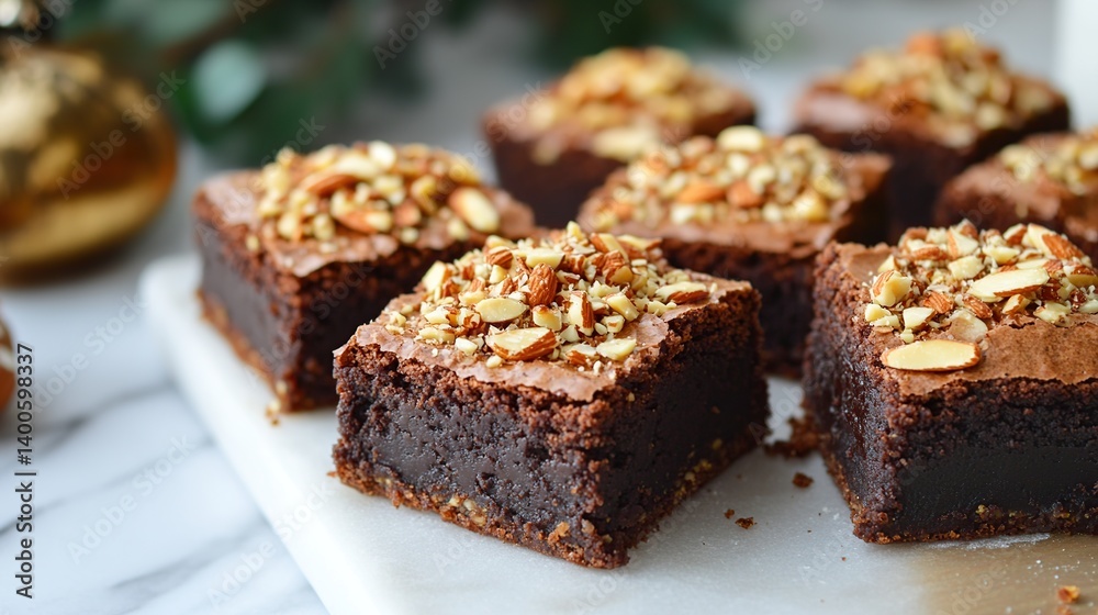 Homemade brownies with gooey fudge center, topped with crunchy almond flakes Homemade brownies with gooey fudge center, topped with crunchy almond flakes
