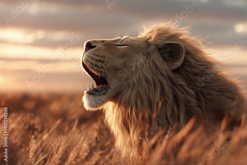 Obraz na płótnie Majestic Lion Roaring During Sunset in a Grassland Habitat w salonie