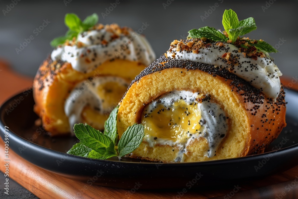Delicious Lemon Roll Cake Topped With Mint and Cream Served on a Black Plate