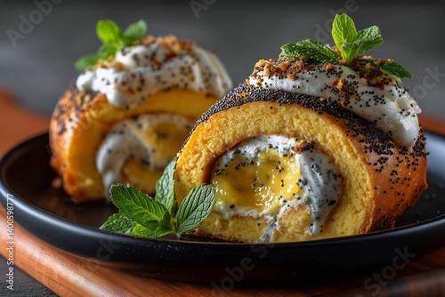 Obraz na płótnie Delicious Lemon Roll Cake Topped With Mint and Cream Served on a Black Plate w salonie