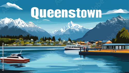 Queenstown panoramic view of Lake Wakatipu as a vector illustration