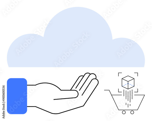 Outstretched hand under cloud, digital cube dropping into shopping cart. Ideal for cloud services, e-commerce, innovation, technology transfer, virtual goods, digital economy, flat simple metaphor