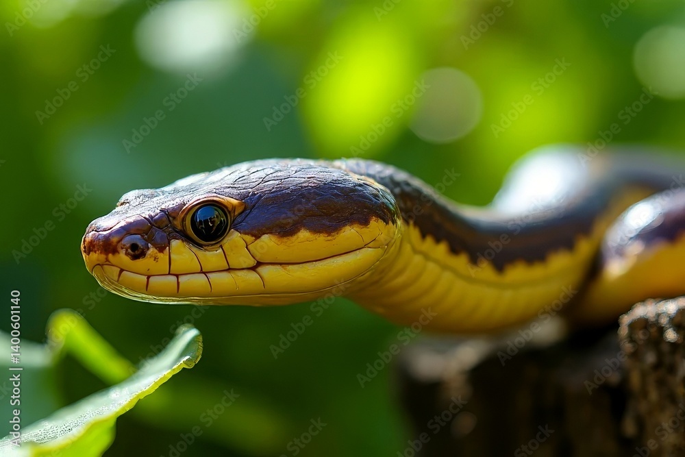 Colorful snake resting on a branch with green foliage background Colorful snake resting on a branch with green foliage background