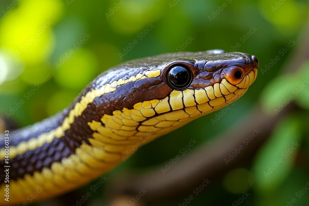 Colorful snake resting on a branch against a blurred background Colorful snake resting on a branch against a blurred background