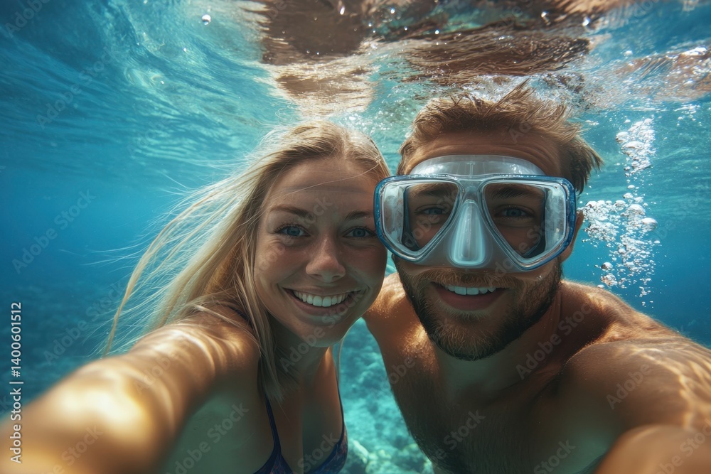 Fototapeta premium Couple enjoys snorkeling together in a vibrant tropical ocean under bright sunlight