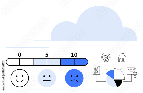 Feedback scale with ratings from 0 to 10 linked to three happy faces. Icons include a cloud, pie chart, cryptocurrency, house, and certificates. Ideal for analytics, satisfaction, finance