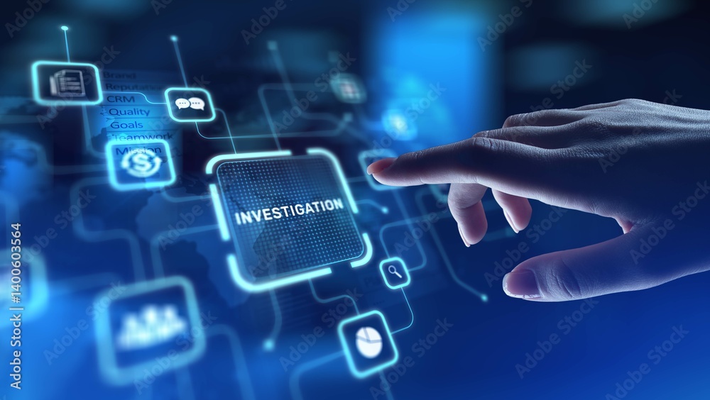 Fototapeta premium Investigation Analyzing and Uncovering Facts, projection on a virtual screen, Business and Technology Concept.
