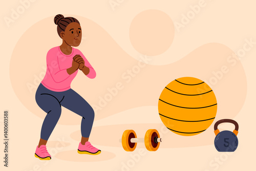 Woman in squat pose training with fitness ball, dumbbell and kettlebell