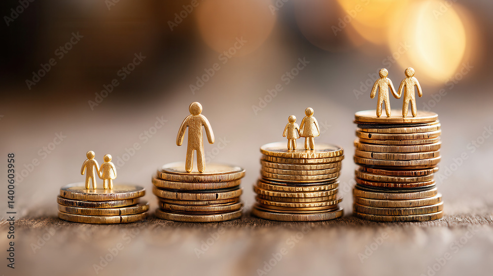 Obraz premium Golden figurines of families atop stacked coins symbolize wealth management and generational financial planning