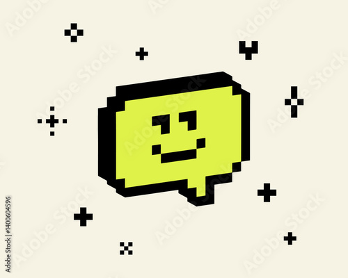 3D smiling speech bubble pixel art black element. Y2k inspired cute trendy collage sticker. Mood of 90's. 8-bit retro style vector illustration. Simple geometric shape. Game abstract icon