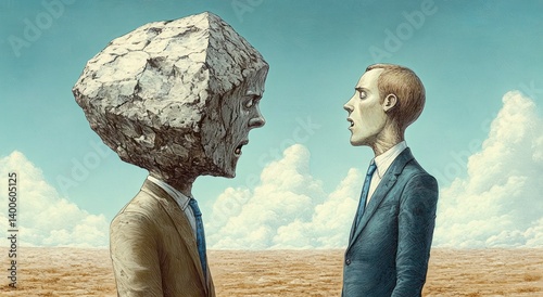 Obraz na płótnie communication confrontation fantasy struggle humor surrealism expression deafness indifference stone man confrontation w salonie