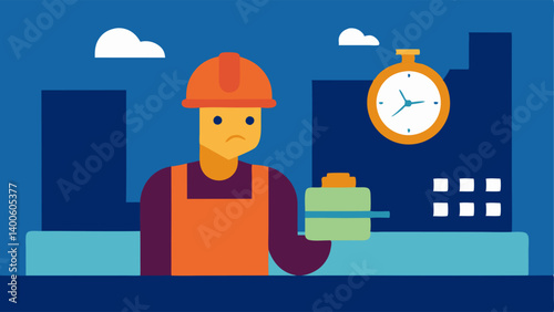 Long Hours Low Pay A factory setting showing a worker exhausted and looking at a clock indicating late hours while holding a small paycheck conveying the struggle of long hours for