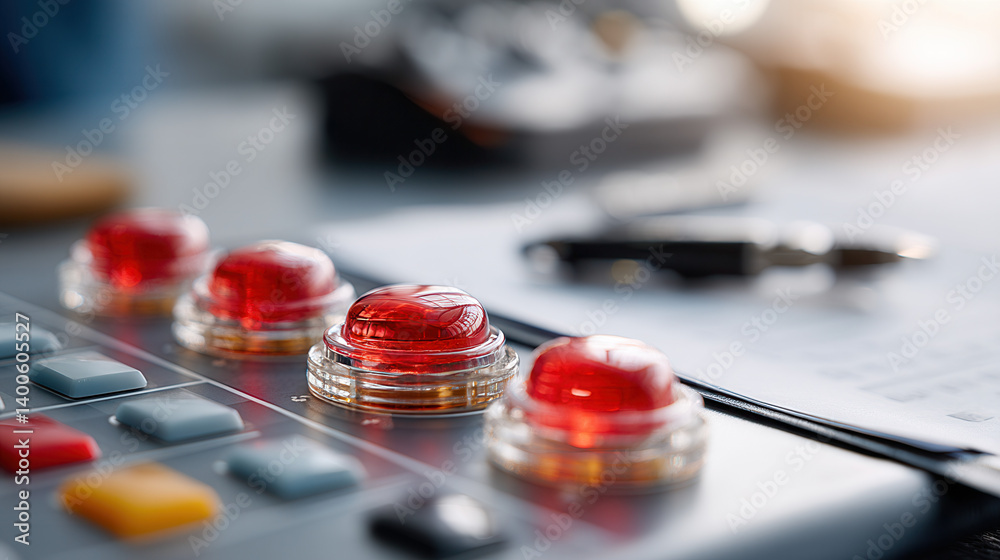 Close up of red emergency buttons on control panel, with blurred documents and pen in background Close up of red emergency buttons on control panel, with blurred documents and pen in background