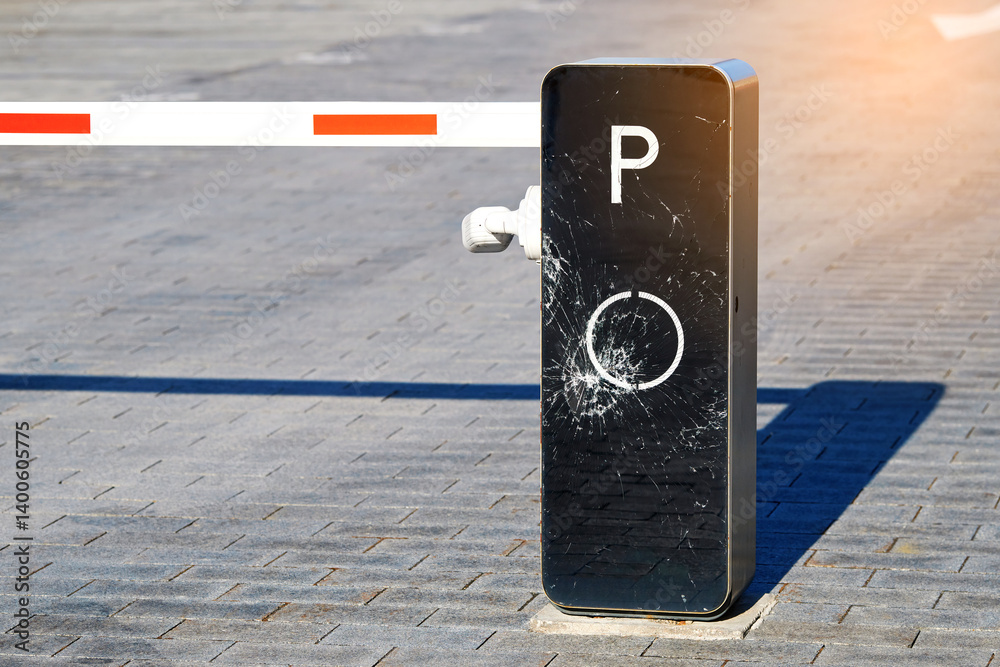 Visible cracks and shattered glass on damaged security parking barrier, accident impact or acts of vandalism in public parking space.
