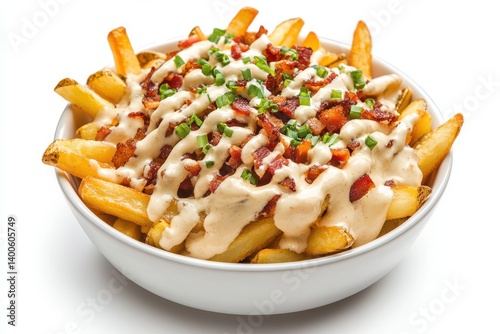 Loaded fries with bacon and sauce on white background 