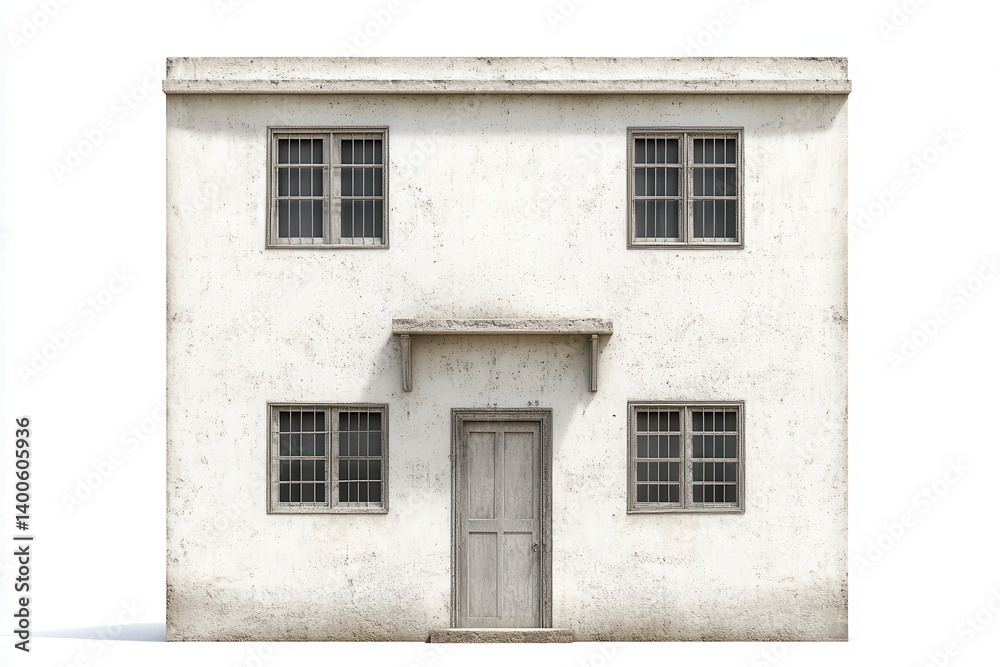 Simple two-story building facade. Aged whitewashed exterior Simple two-story building facade. Aged whitewashed exterior