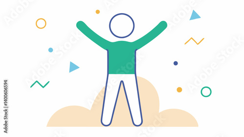 Minimalist Line Art Victory Stance A clean minimalistic vector illustration of a person in a simple outline style. The figure has one arm lifted high in an emphatic fist pump while