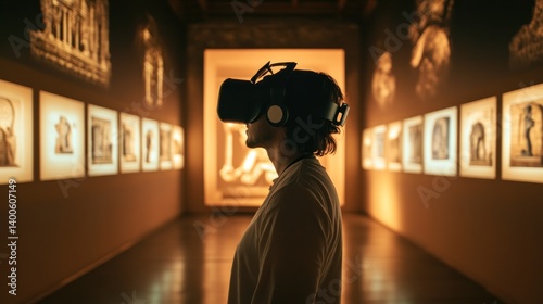 Person Using Virtual Reality Headset in Illuminated Art Gallery Exhibit