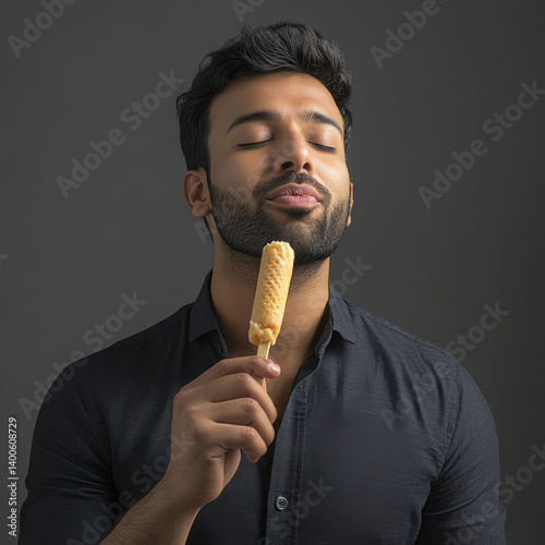 young indian man eating kulfi on isolated background