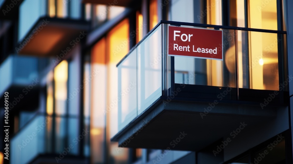 Obraz premium Apartment Building Balcony Displaying 'for Rent Leased' Sign at Sunset