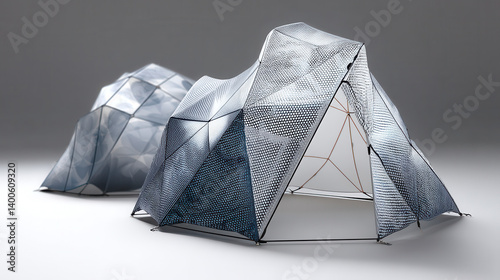 Futuristic solar powered tents with geometric designs and high performance materials for sustainable camping