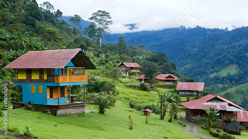 Lush Green Mountain Village with Colorful Houses and Dense Forest Under Cloudy Sky Scenic View