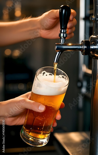 Hands pouring draft beer into a glass.