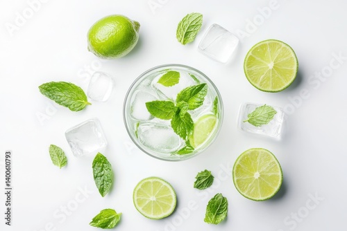 Mojito drink with lime and mint leaves on white background 