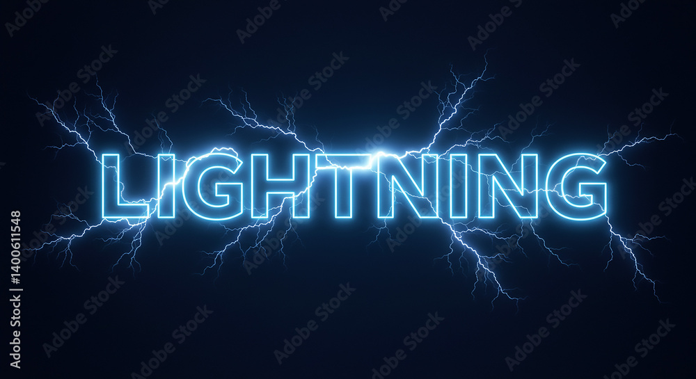 The word lightning written in blue neon with lightning bolts on a dark blue background The word lightning written in blue neon with lightning bolts on a dark blue background