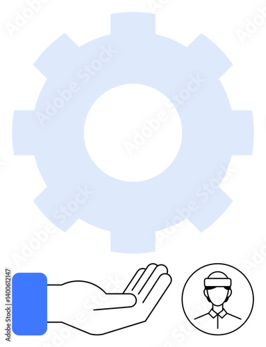 Outstretched hand beneath a large gear and worker icon. Ideal for teamwork, support, employment, productivity, management, workforce optimization, industrial processes. Flat simple metaphor