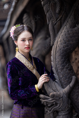 Obraz na płótnie Young asian woman Thai traditional costume dress, Asian women dress identity Thai culture national costume culture dress, Thai traditional costume Thailand National, Thai woman culture costume dress. w salonie
