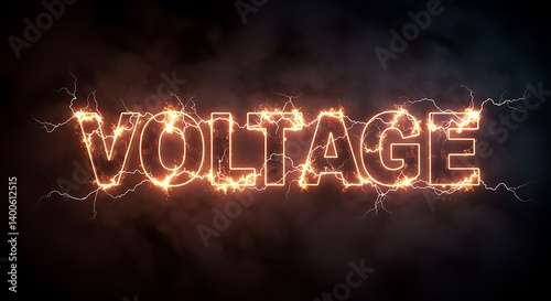 The word voltage outlined in electricity with lightning on a dark background effect design