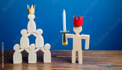 Conceptual illustration depicting power dynamics, leadership, and competition. A figure with a sword faces a stacked group with a crown