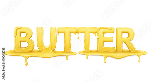 The word butter spelled out in a dripping yellow butter font on a white background design element