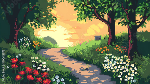 Sentier fleuri en pixel art au crépuscule : douce lumière orangée, végétation luxuriante, ambiance paisible et bucolique