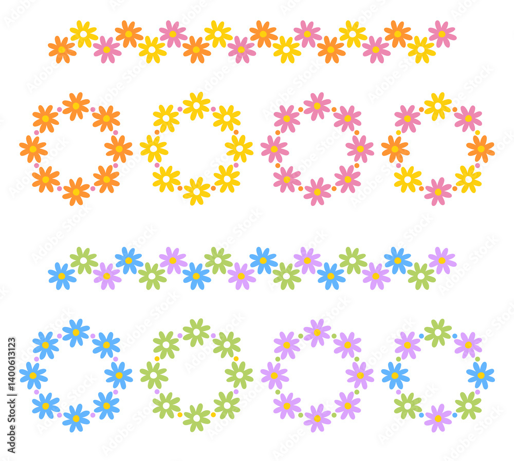 Simple wreath of flowers vector elements, set of colorful floral repeat patterns, seamless floral borders, flat design botanical drawings, flowers design elements
