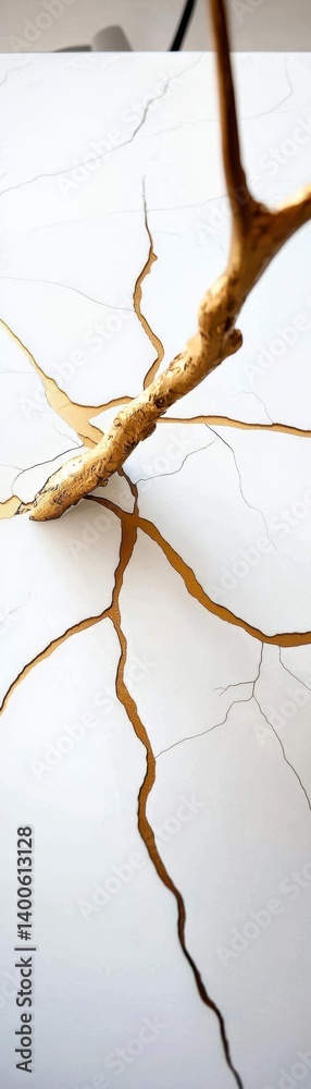 Cracked surface with branch indoor setting artistic photography minimalist aesthetic close-up view nature-inspired concept Cracked surface with branch indoor setting artistic photography minimalist aesthetic close-up view nature-inspired concept