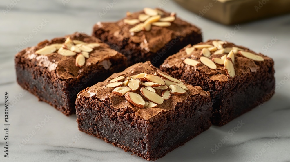 Chocolate brownies with a dense fudge center, topped with crunchy almond nuts Chocolate brownies with a dense fudge center, topped with crunchy almond nuts