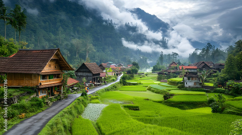 Lush Green Rice Fields and Traditional Village in a Mountainous Landscape with Cloudy Sky and Traditional Thatched Roof Houses