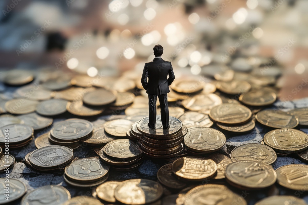 Businessman stands on stacks of coins contemplating investment decisions and financial growth