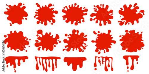 Halloween red dripping splashes blots isolated on white background. Ideal blood blobs for stickers, party decoration. 