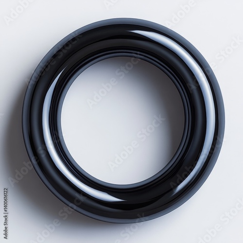 A black rubber o-ring seal lies on a white surface in close-up.
