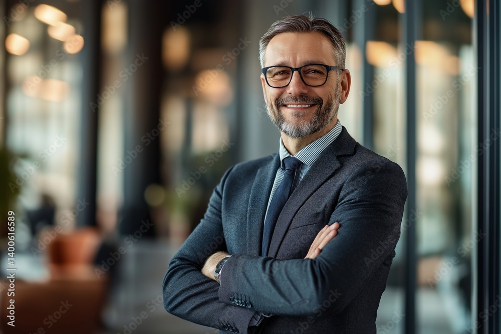 Fototapeta premium A confident man in a suit and glasses smiles with his arms crossed.