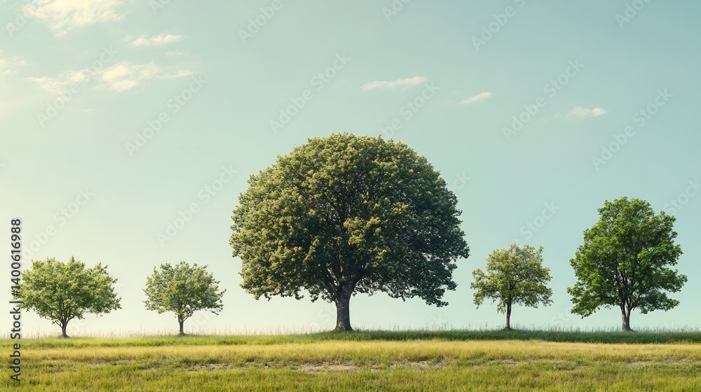 Fototapeta premium Serene Meadow: Five Trees in Graduated Sizes, Peaceful Landscape