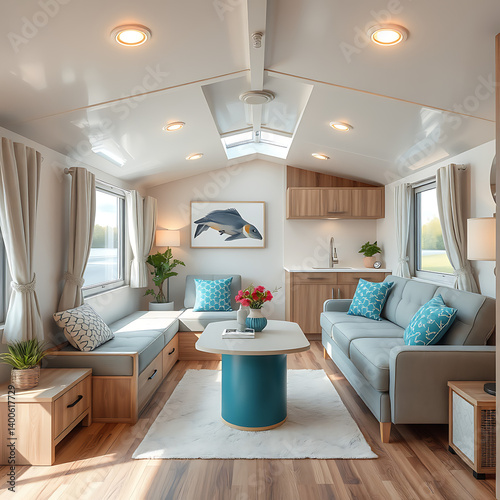 High-quality photos of well-designed and neatly arranged mobile homes: perfect HD content for professional websites, catalogs, social media, or tourism and hospitality projects.