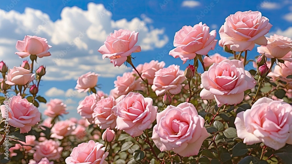 A vibrant field of pink roses basking in the soft A vibrant field of pink roses basking in the soft